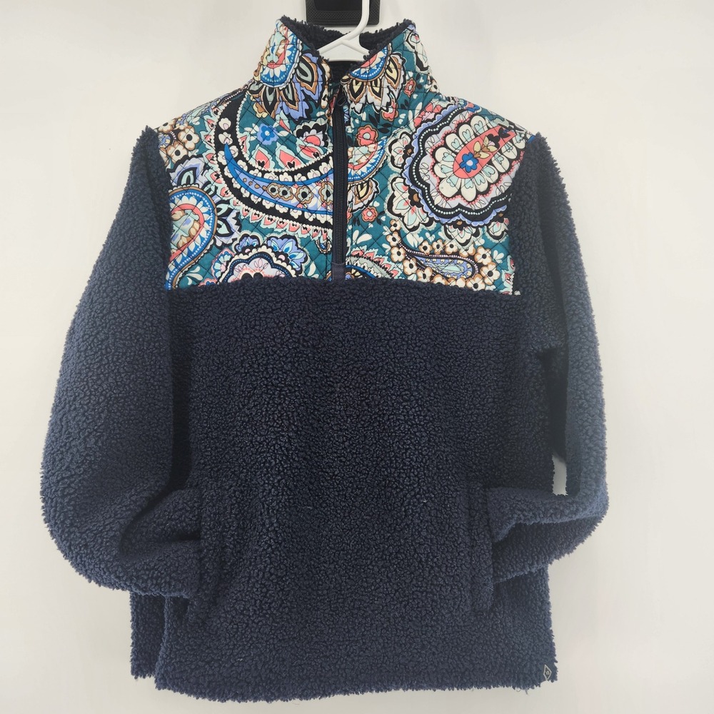 Vera Bradley Womens Sherpa Fleece Quarter Zip Pullover Navy Blue Paisley Quilted